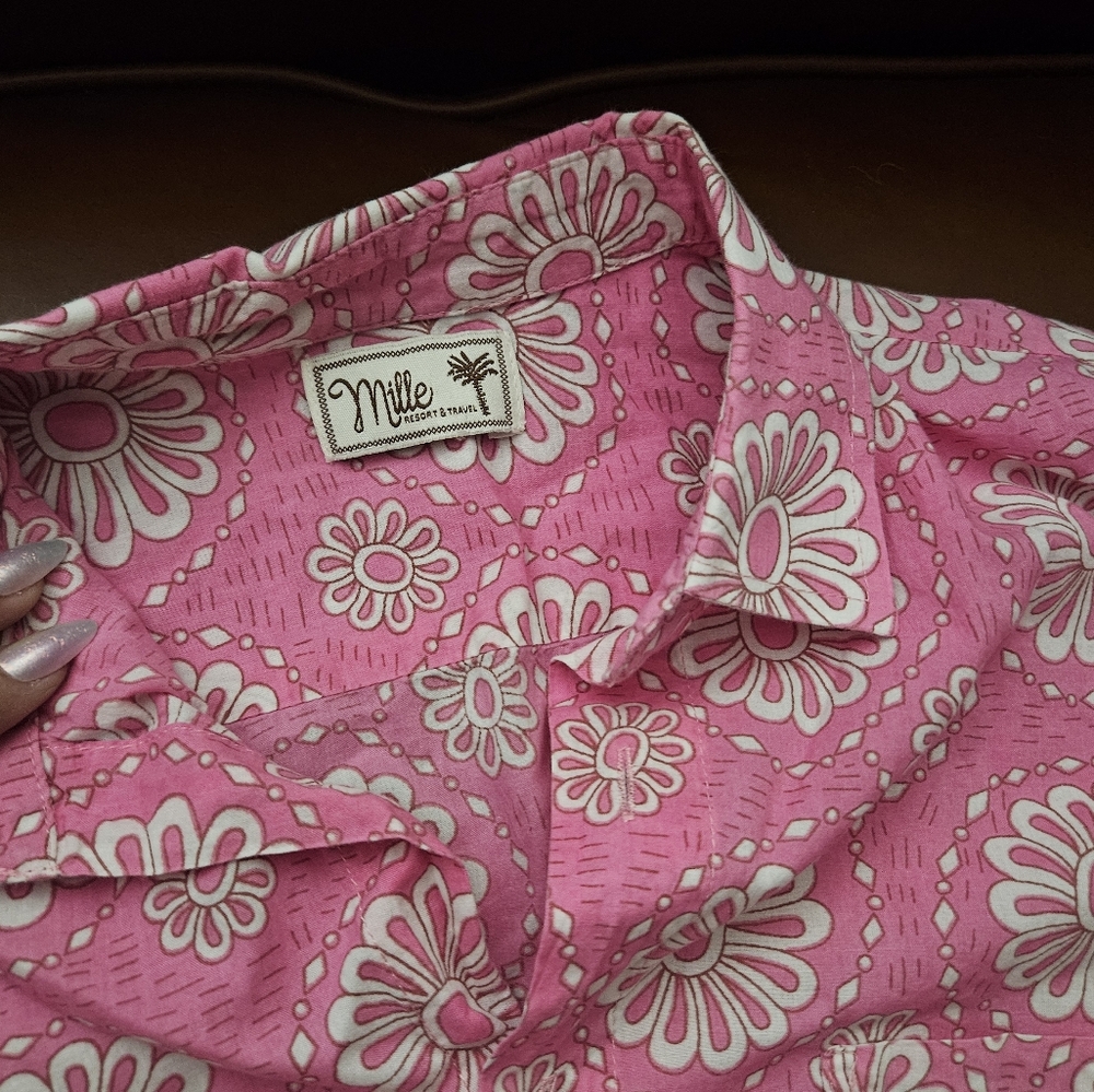 Mille Resort Sofia Top Pink Floral Button-Up Shirt Size Medium - Picture 6 of 7